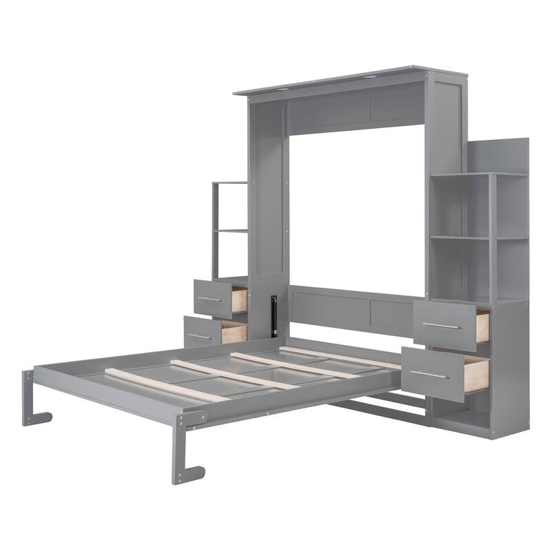 Queen Size Foldable Wall Bed with Shelves, Drawers, and LED Lights, Space-Saving Design, Gray