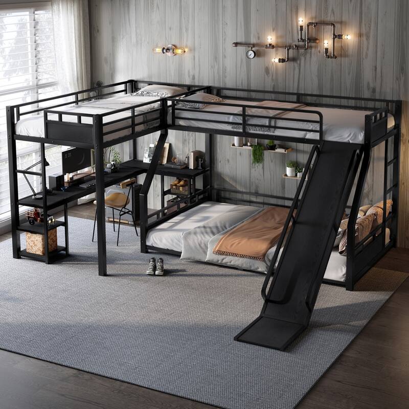 L-Shaped Metal Bunk Bed and Loft Bed with Desk, Storage Shelves and Slide - Twin XL over Queen bunk bed with Twin XL loft bed