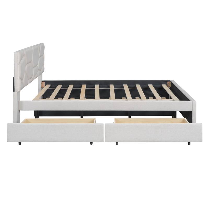 Full/Queen Size Upholstered Platform Bed with Stylish Brick Pattern Headboard, Trundle & 2 Drawers, Linen Fabric Comfort