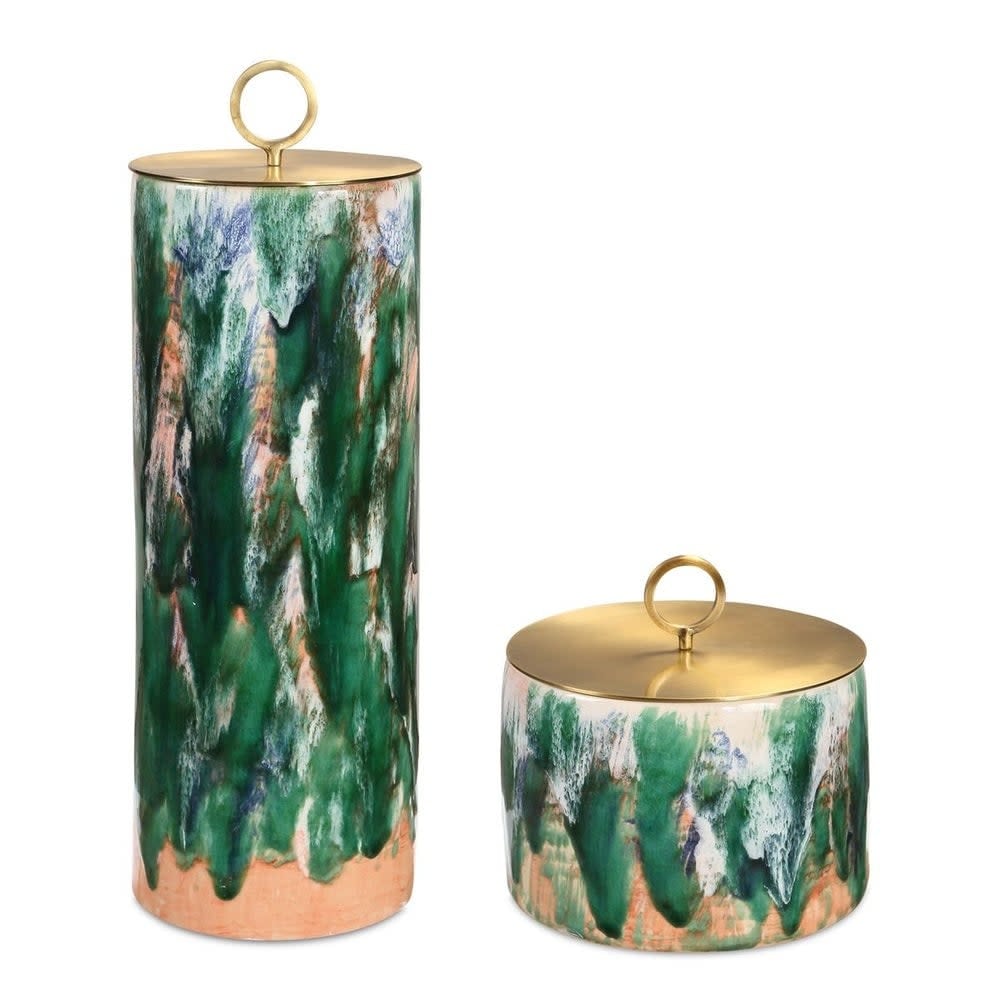 Uttermost 18228 Sylvie 18-1/4" Tall Ceramic and Iron Canisters - Set - Antique Brass / Green / Pink