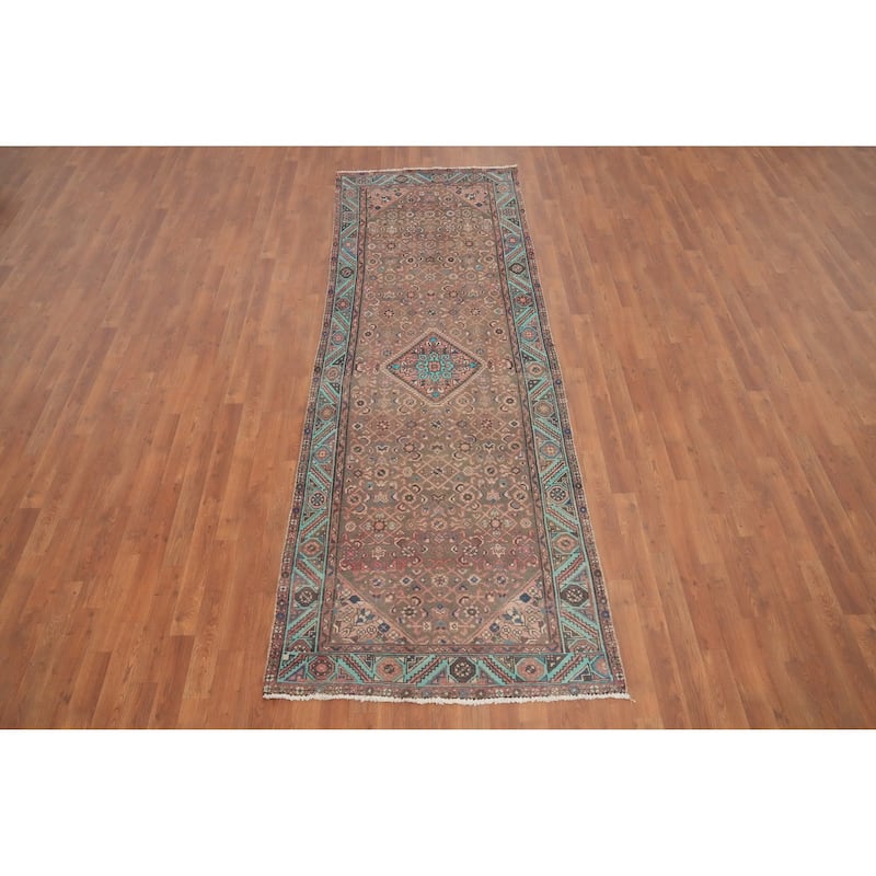 Hand Knotted Oriental 100% Wool Carpet Traditional Geometric Greys & Charcoal Hamedan Runner Rug - 10' 1'' X 3' 5''