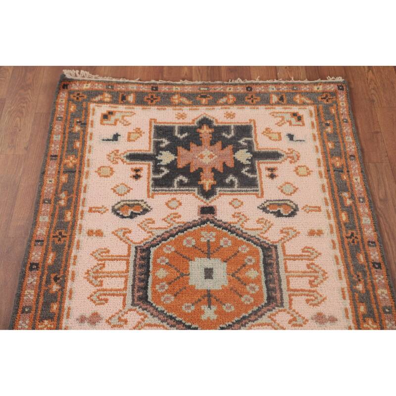 Geometric Pink Kazak Runner Rug Handmade Oriental Wool Carpet - 2'7"x 9'11"