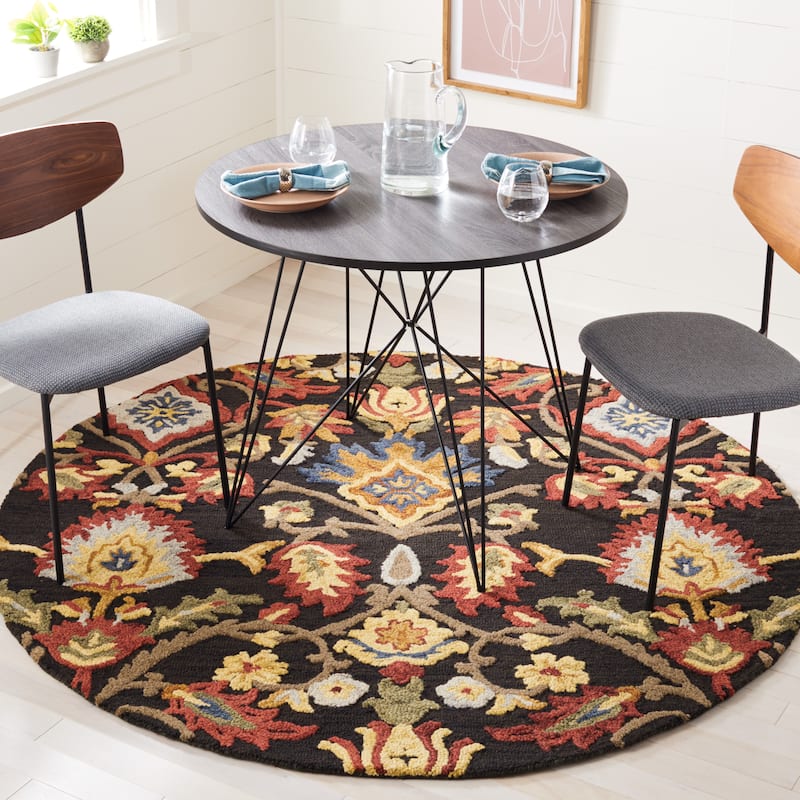 SAFAVIEH, Handmade Marietje Blossom French Country Wool Area Rug - 4' Round - Charcoal/Multi