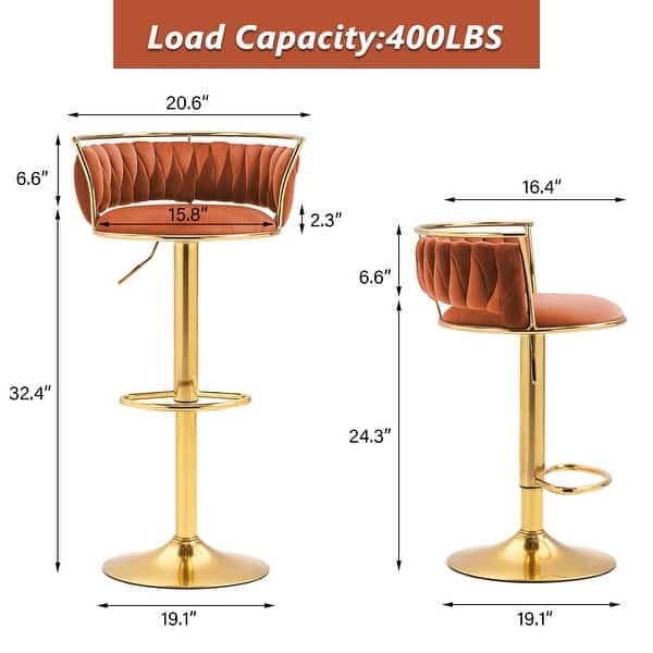 dimension image slide 12 of 24, Modern Velvet Adjustable Swivel Bar Stools Set of 2