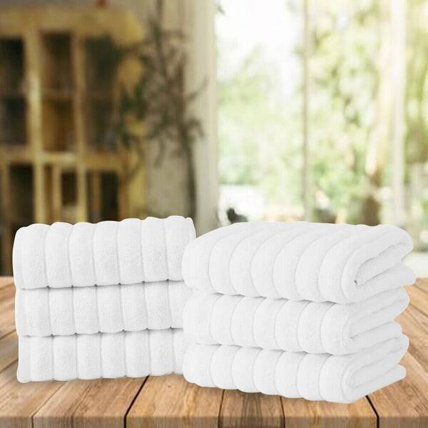 Classic White Ribbed Combed Turkish Cotton Luxury Hand Towel Set of 6