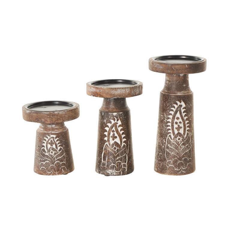 Brown or Dark Brown Mango Wood Tribal Pillar Candle Holder (Set of 3)