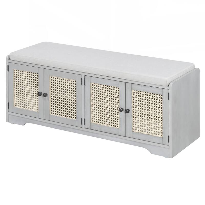Rustic Storage Bench Multifunctional Wood Entryway Shoe Bench with Removable Cushion, Woven Rattan Doors & Adjustable Shelves