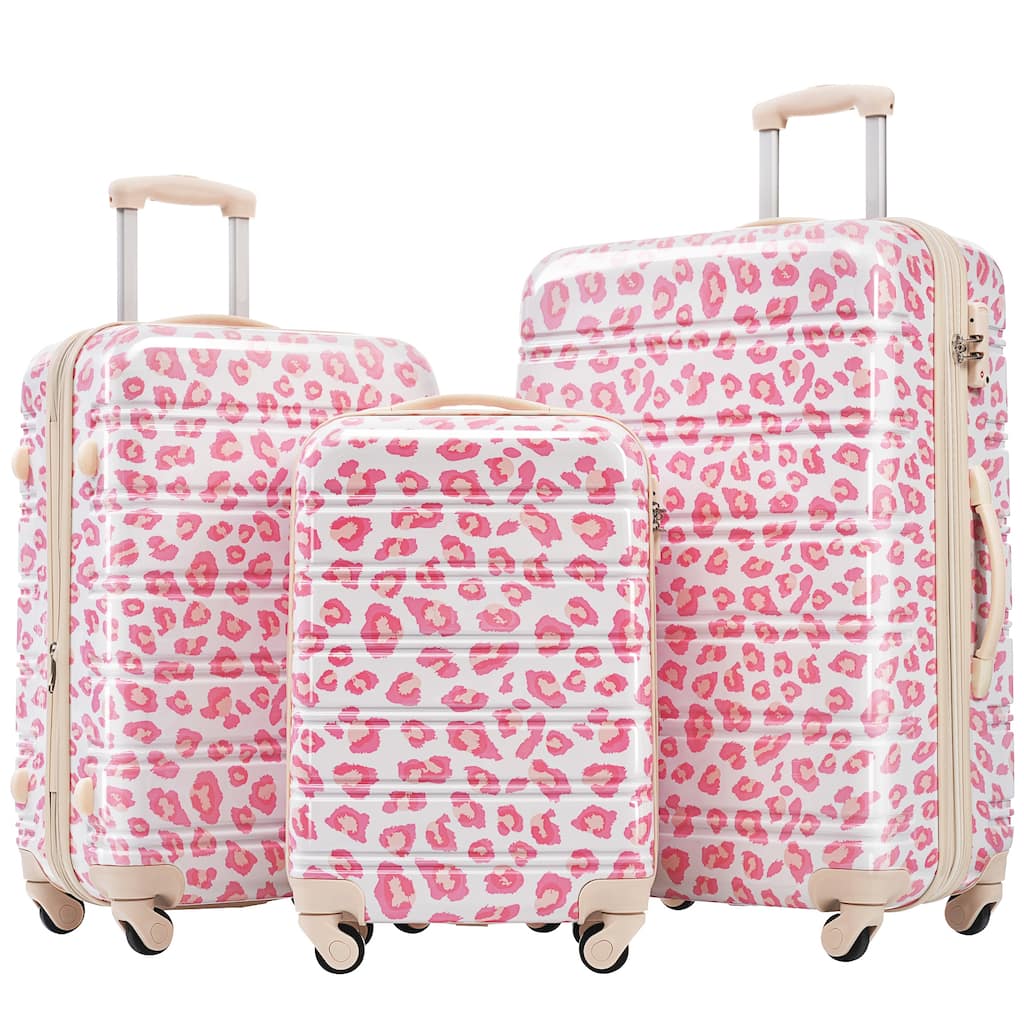 3-Piece, Modern Luggage Sets, Expandable Luggage with Silicone Handles and TSA Lock, for Boarding Travel, Pink Leopard