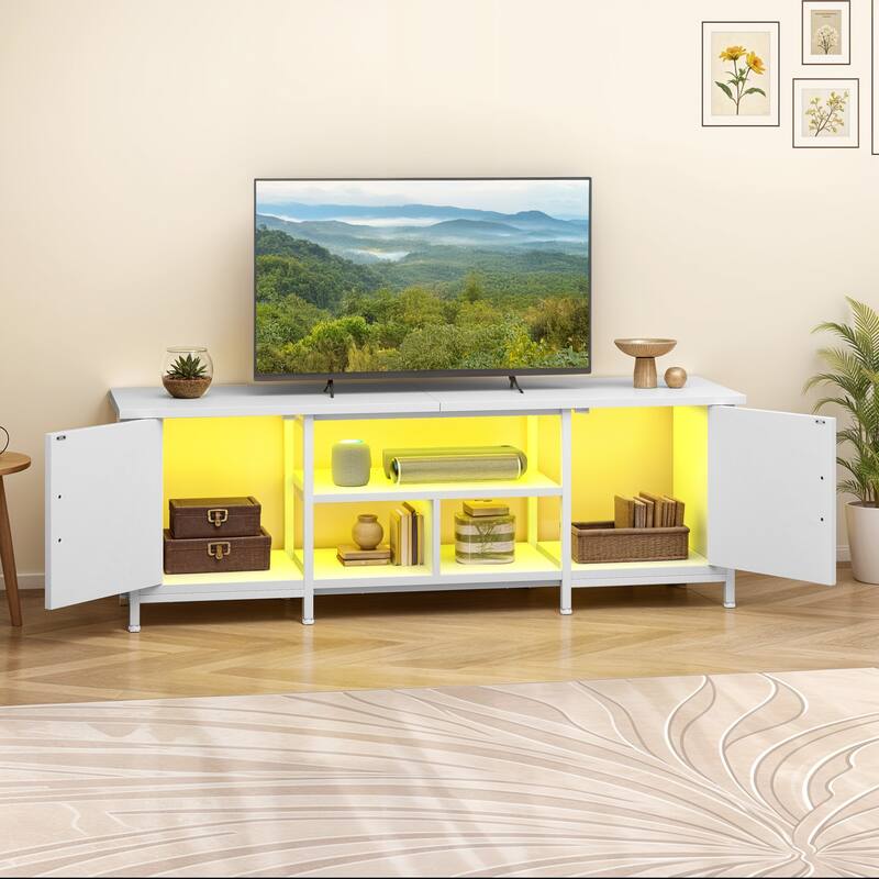 Moasis Farmhouse TV Stand with LED & Charging, Storage Cabinet and Shelves for TVs up to 70", Black