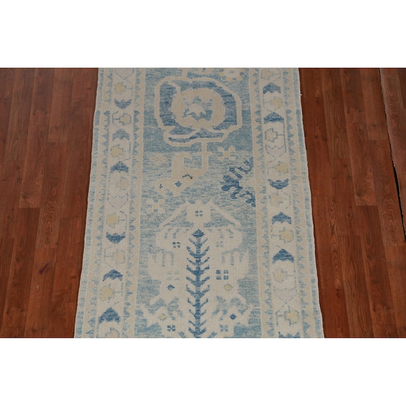 Hand Knotted Oriental 100% Wool Carpet Transitional Geometric Navy Blue & Blues Oushak Runner Rug - 12' 10'' X 3' 0''