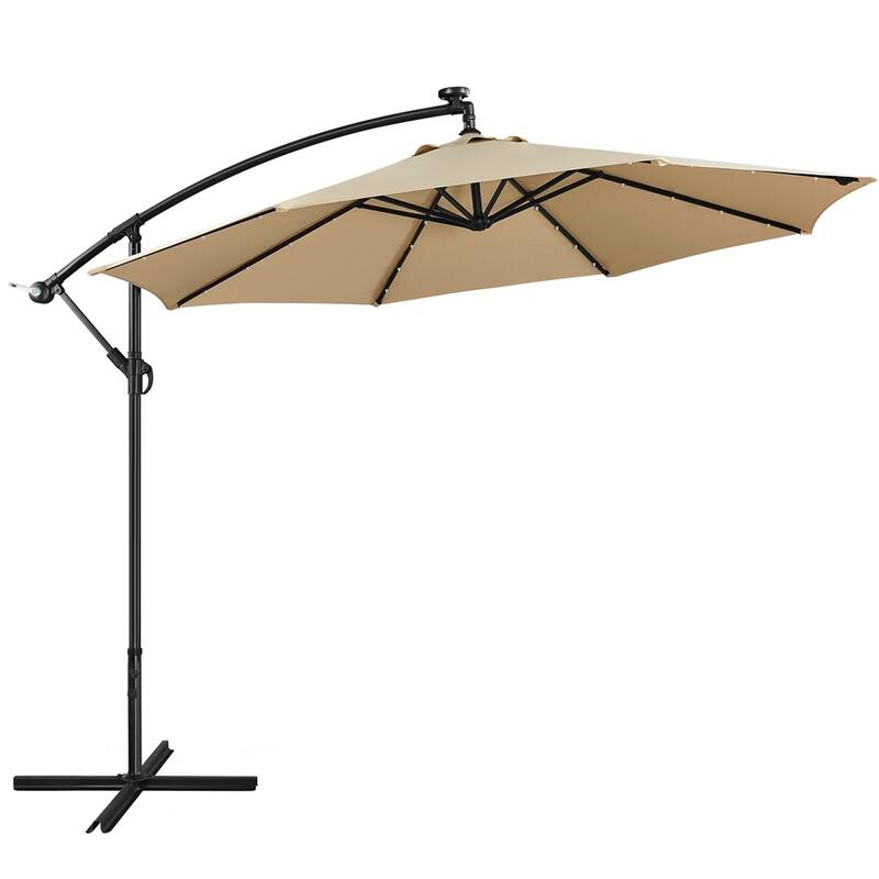 Yaheetech 10Ft Patio Offset Umbrella with 32 LED Lights Outdoor Hanging Cantilever Umbrella - Tan