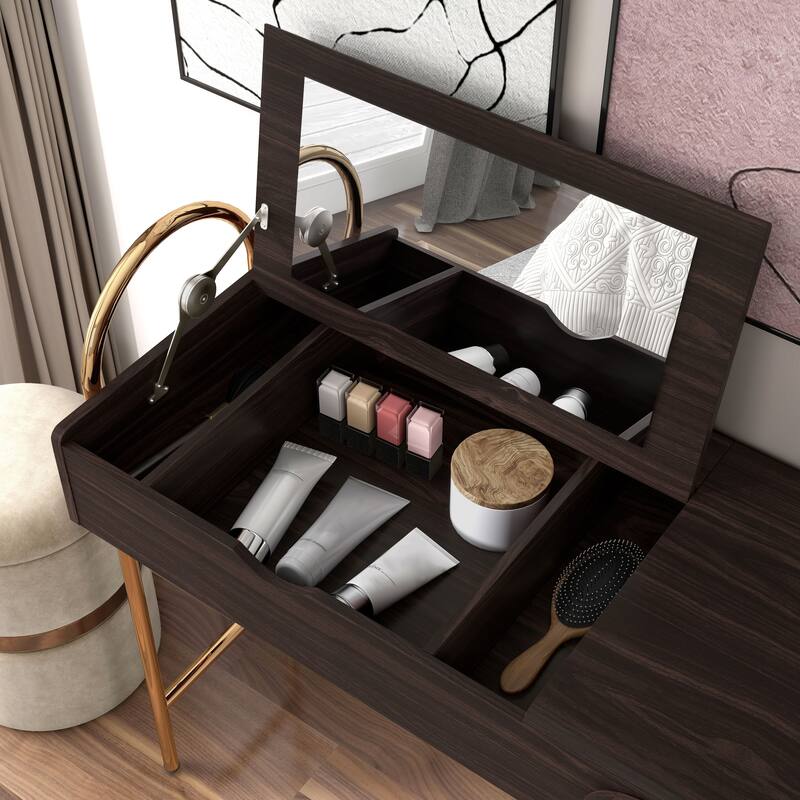 DH BASIC Glam Walnut Vanity Table with Lift-top Mirror by Denhour