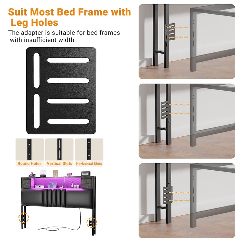 Upholstered Headboard with Storage Shelf and Small Cabinet, Headboard Power Outlet and LED Light