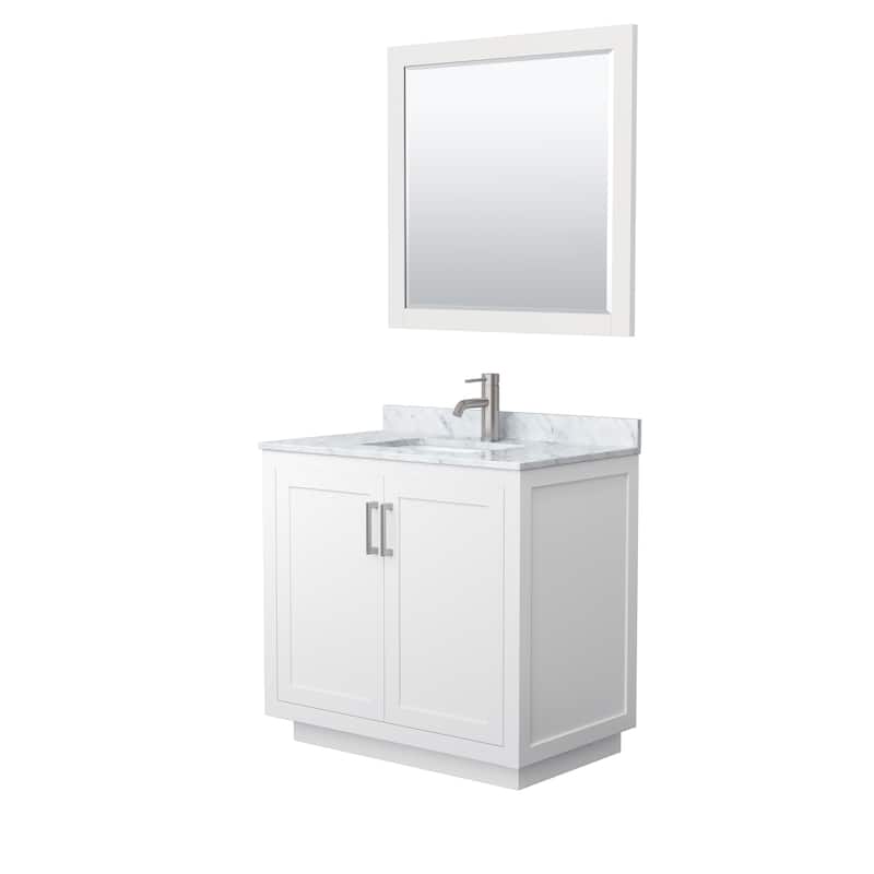 Miranda Single Vanity Set, White Carrara Marble Top, 34-Inch Mirror