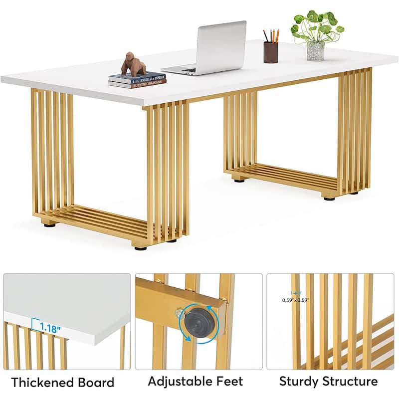70.9" Modern Office Desk, White Executive Desk with Gold Metal Frame