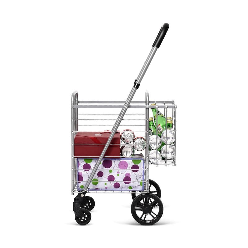 Costway Folding Shopping Cart Jumbo Basket Rolling Utility Trolley - 17'' x 19'' x 35''/37.5''