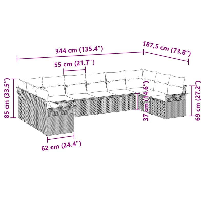 vidaXL 10/11 Garden Sofa Set with Cushions Black/Brown/Grey Poly Rattan - 135.4 x 73.8 x 27.2