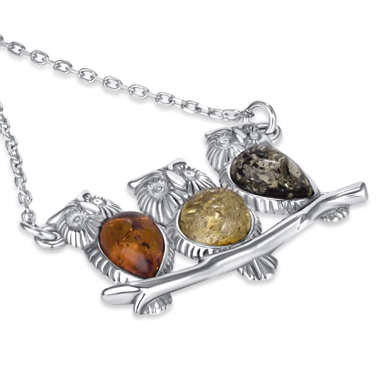 Baltic Amber Three Owls Pendant Necklace in Sterling Silver
