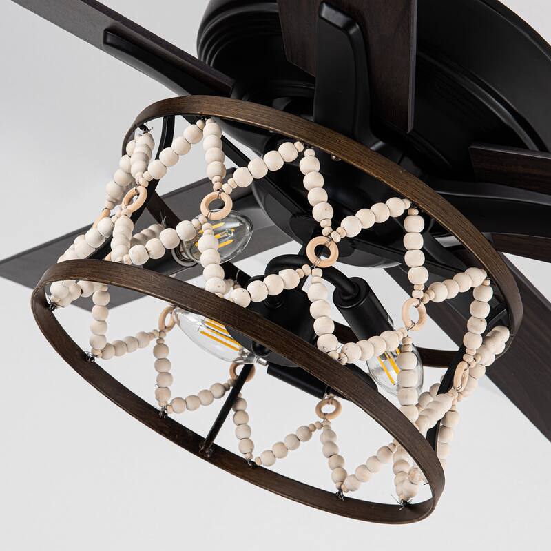 52" Bohemian Black Ceiling Fan with Wood Beaded Light Kit and Remote Control - 52 in. D x 52 in. W x 18.2 in. H