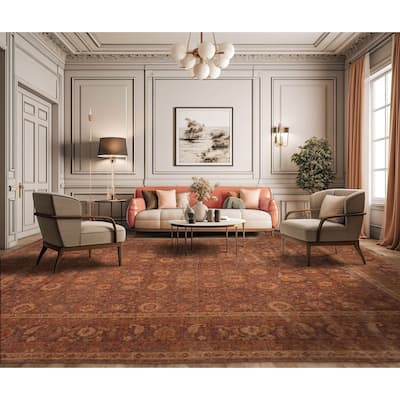 Hand Knotted Aubergine, Gold Afghan Oushak Wool Traditional Area Rug - 12' x 14' 4''