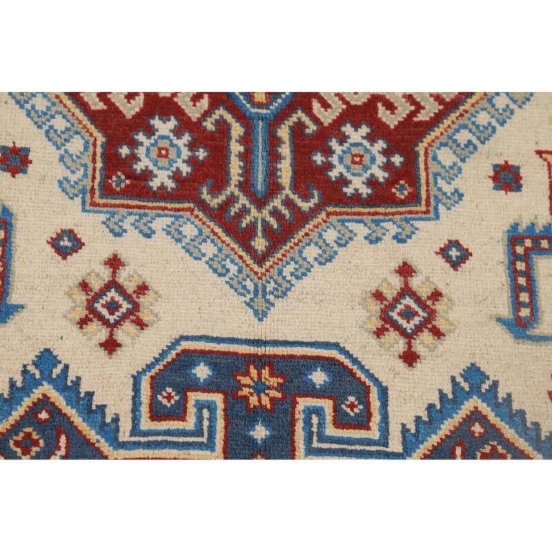 Geometric Ivory Kazak Accent Rug Handmade Wool Carpet - 4'0" x 5'11"