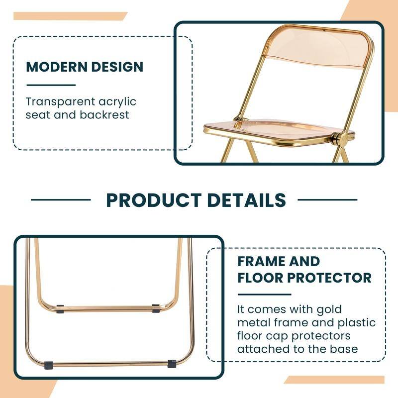 Lawrence Modern Foldable Transparent Acrylic Gold Chrome Folding Chair for Multipurpose Spaces Set of 4 - 30"