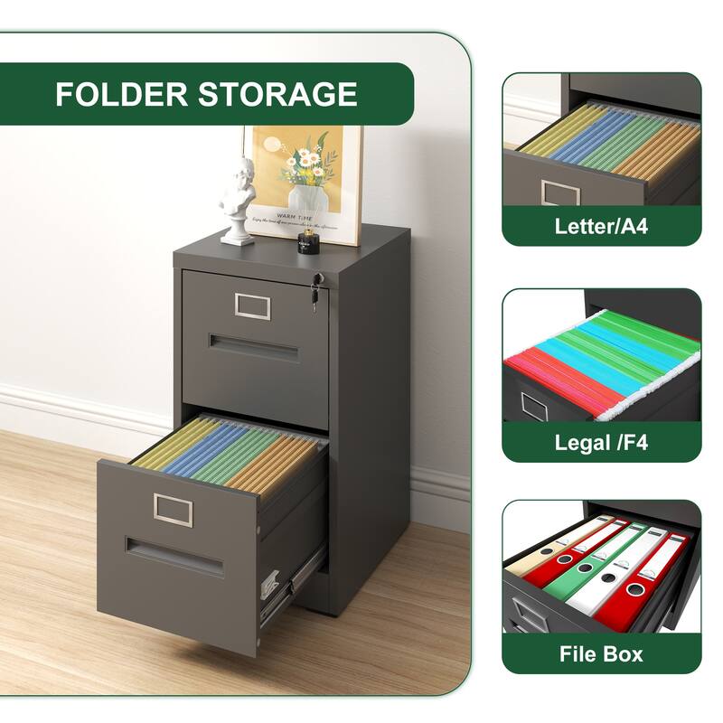 Modern 2-Drawer Narrow Filing Cabinet, Vertical Filing Cabinet with Lock and Anti-Tilt Function, for Home Office, Black