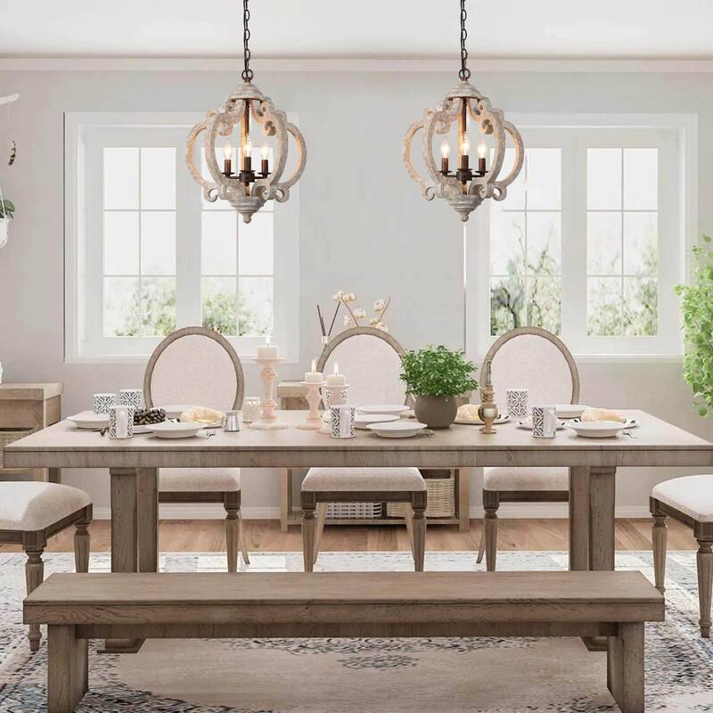 Farmhouse 3-Light Wood Cage Chandelier Lantern for Dining Room - Off-white - D15.5"x H 19"