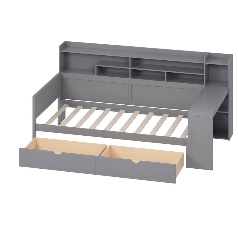 Twin Size Wooden Daybed with Storage Shelves, Two Storage Drawers and Study Desk