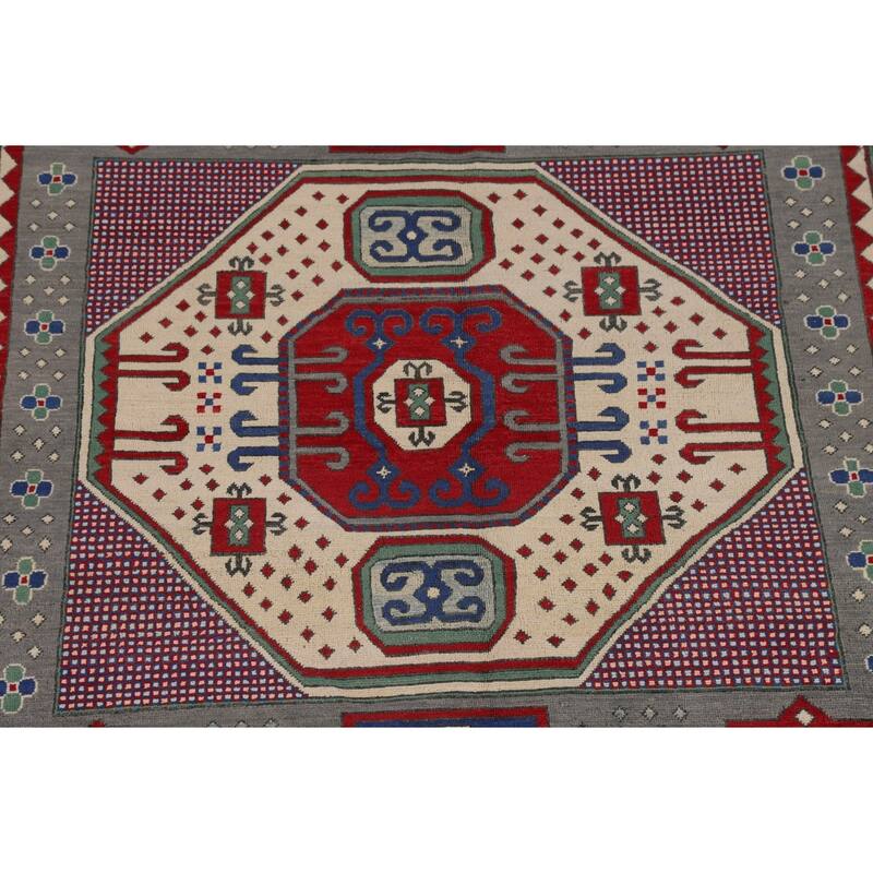 Geometric Gray Kazak Oriental Area Rug Handmade Wool Carpet - 6'4" x 10'0"