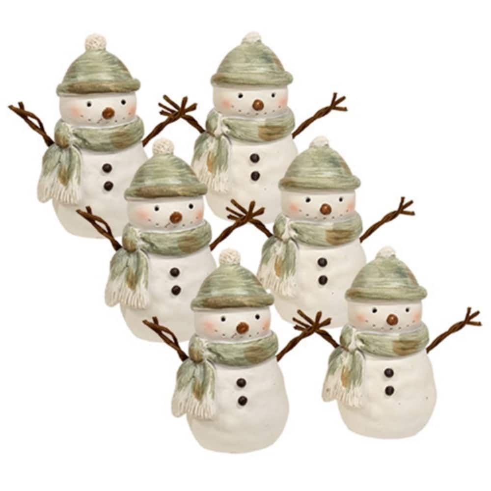 Set of 6 Green Resin Winter Clothes Snowmen Figurine Set with Scarves and Hats - 1.50 x 1.25 x 3.25 in