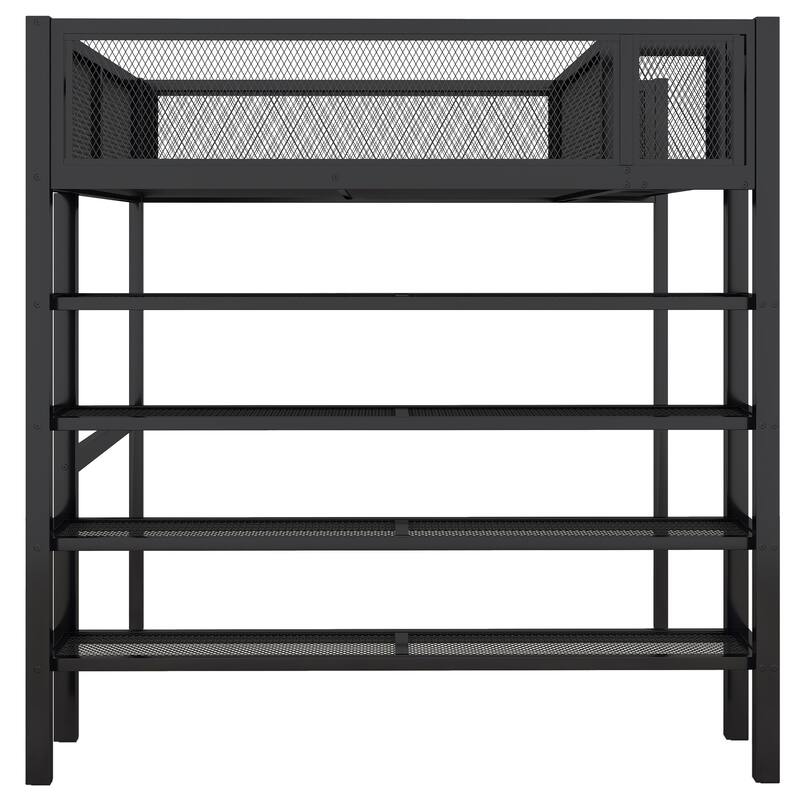 HomeRoots Black Platform Metal Full Double Loft Bed With Shelves