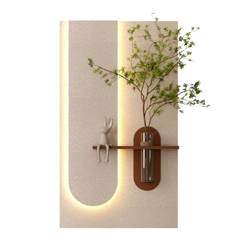 Adjustable 3-Color LED Sandstone Wall Decor with Simulated Plants -3D Art Sculpture,Glass Vase & Rabbit Statue,Remote Control