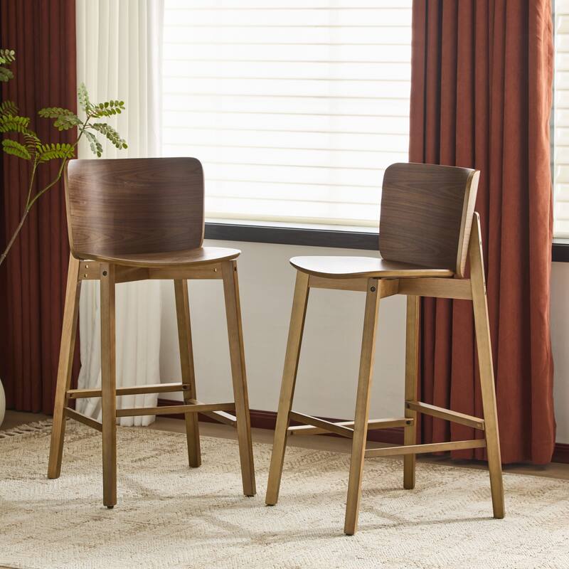 Roomfitters Pari Indoor Wooden Barstools with Curved Plywood Backrest, Walnut Finish Set of 2 - Set of 2