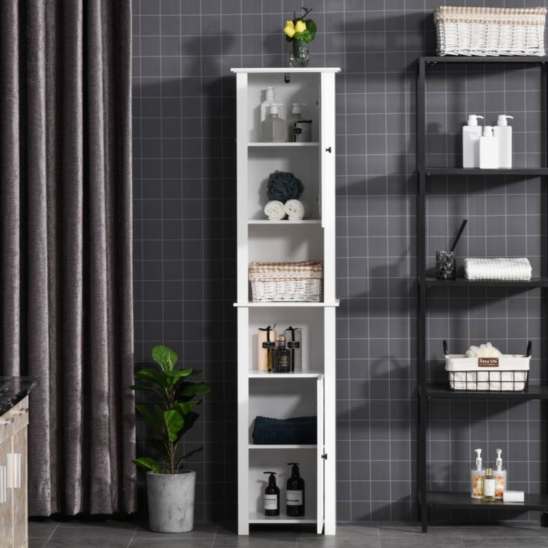 Tall Bathroom Storage Cabinet, Freestanding Linen Tower with 2-Tier Shelf and 2 Cabinets, Narrow Side Floor Organizer, White - White