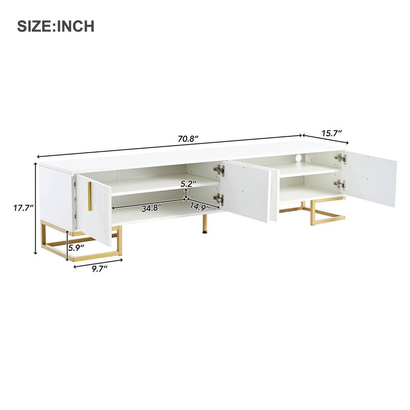 Sleek TV Console with Gold Handles, Metal Legs, Geometric Design, Adjustable Shelves for 80" TVs