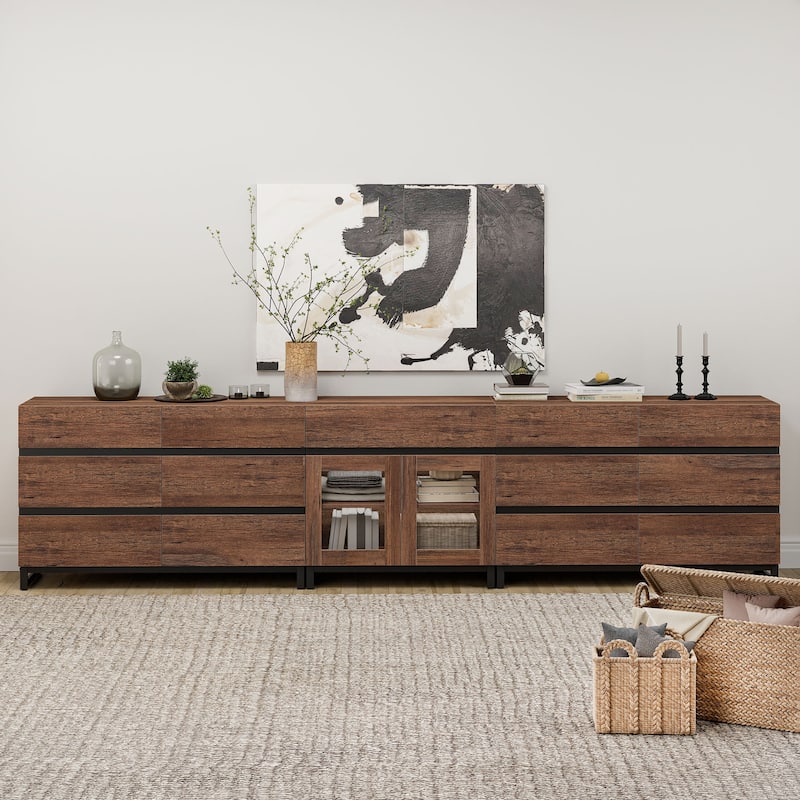 WAMPAT 3 in 1 Modern Sideboard with Glass Doors and 3 Drawers, Coffee Bar Cabinet for Kitchen