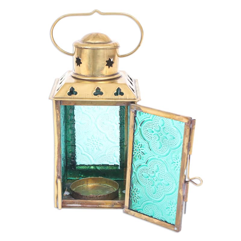 Novica Handmade Lantern In Green Glass And Brass Tealight Holder