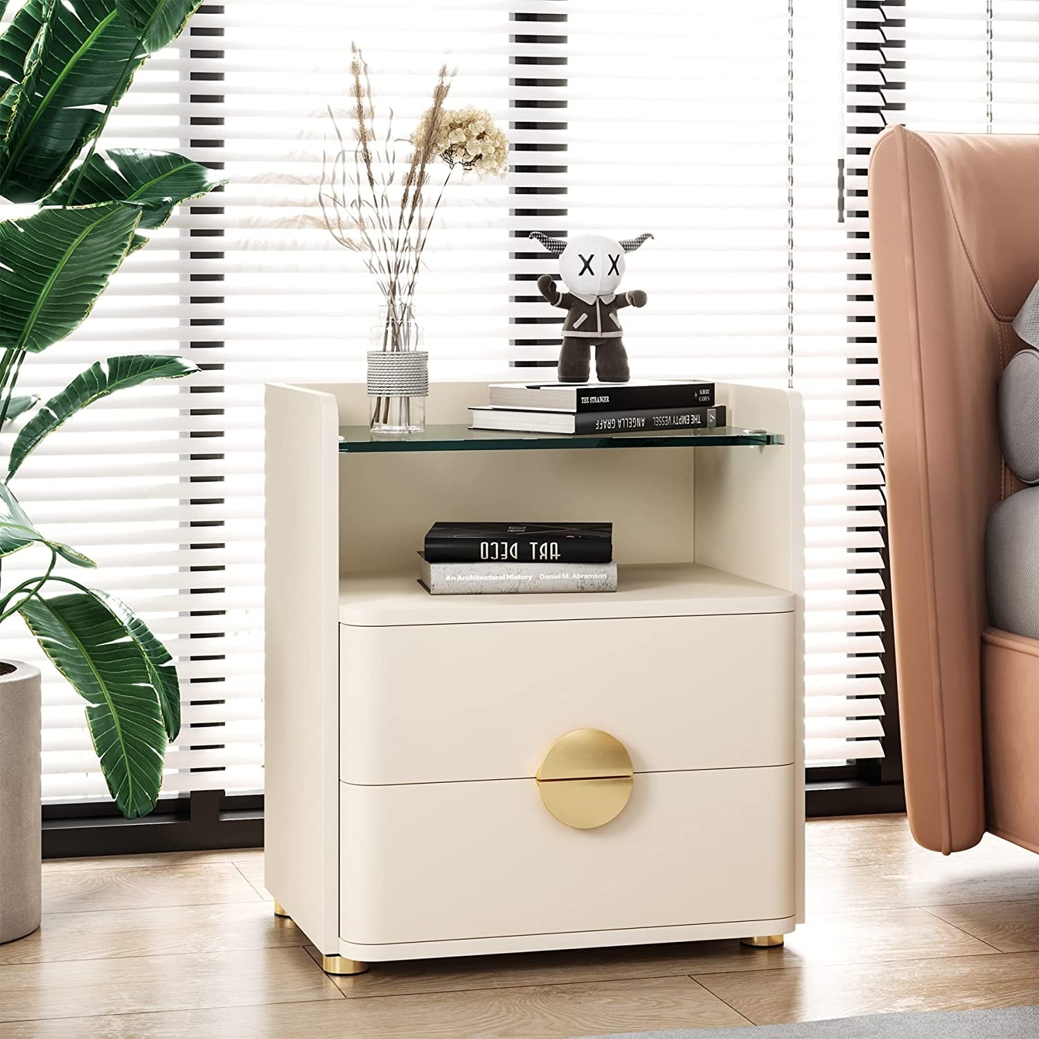 2-Drawer Nightstand, Modern Nightstands with Tempered Glasses