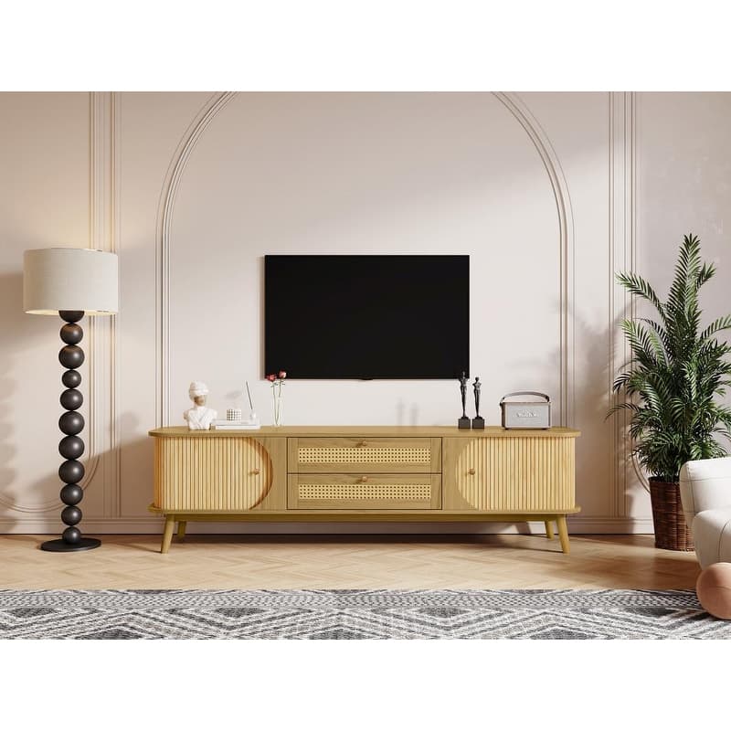 75-inch Rattan TV Stand - Modern Farmhouse Media Console with Solid Wood Legs