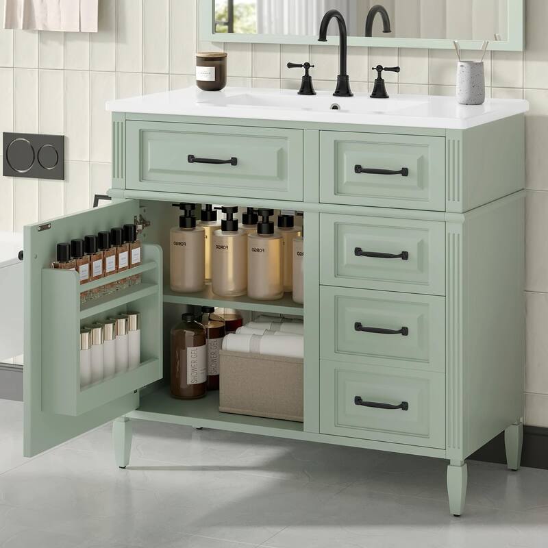 36-Inch Bathroom Vanity with Ceramic Sink Top, Solid Wood Frame and MDF Cabinet