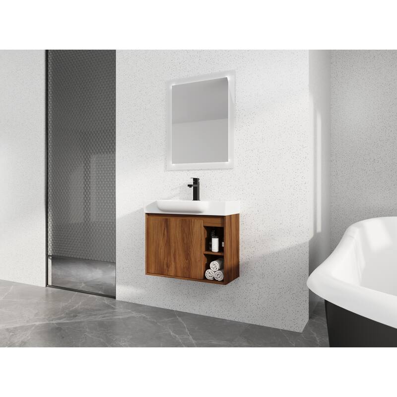 28'' Wall-Mounted Bathroom Vanity with Ceramic Sink - Brown Ebony