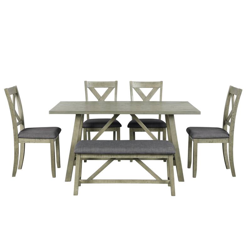Gray Rectangle Table Chairs Set 6 Piece Dining Set w/ Bench Seating