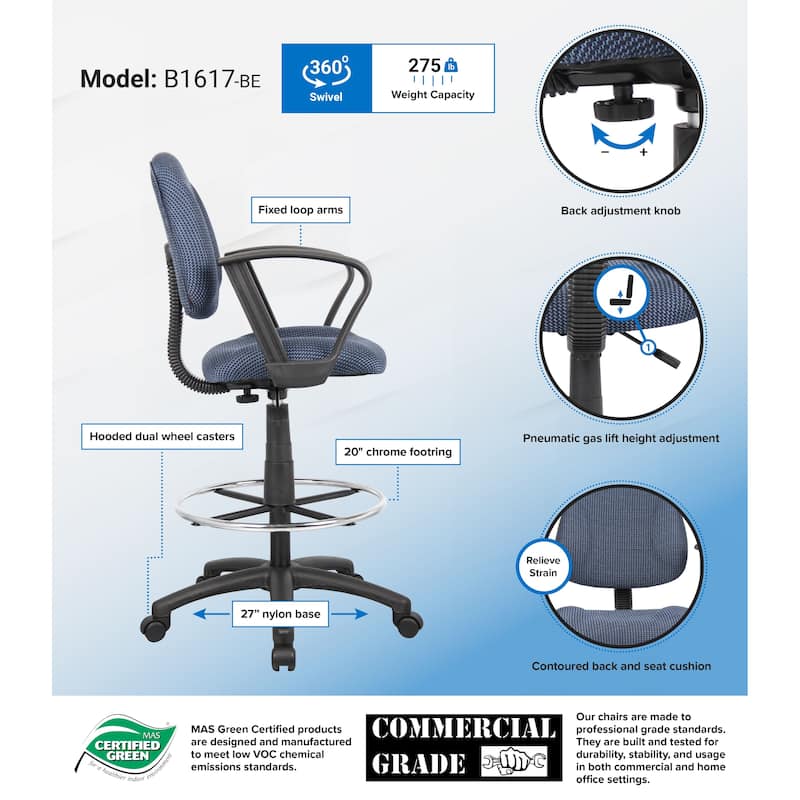 Boss Adjustable Black Loop Arm Drafting Stool with Wheel Casters - Blue