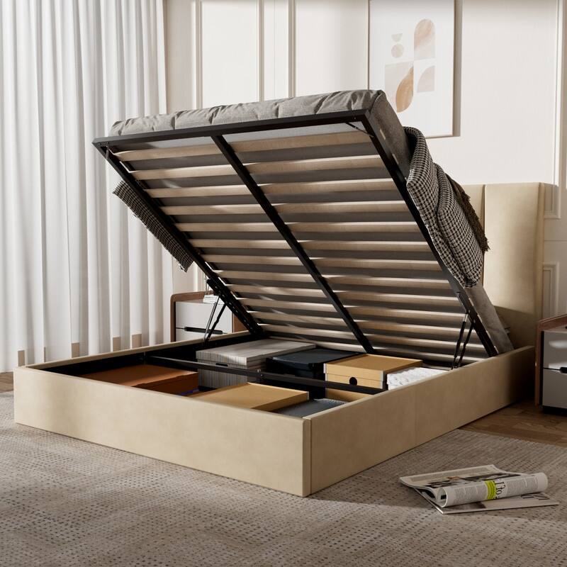 Modern Upholstered Lift-Up Storage Platform Bed with Headboard