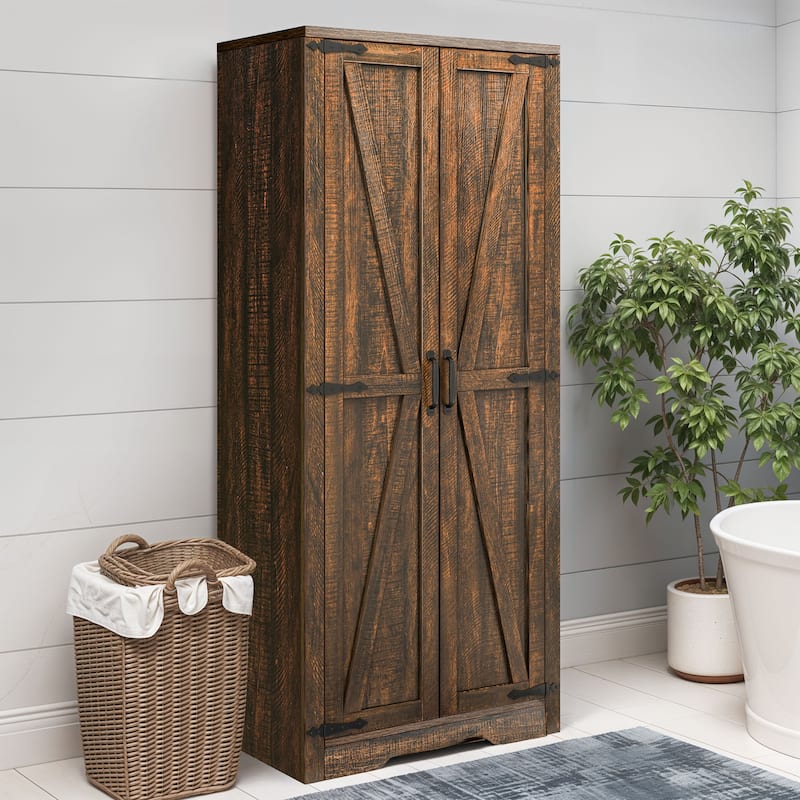 Moasis Broom Closet Storage Cabinet with Doors, Farmhouse Cleaning Tool Cabine with Shelves - Brown