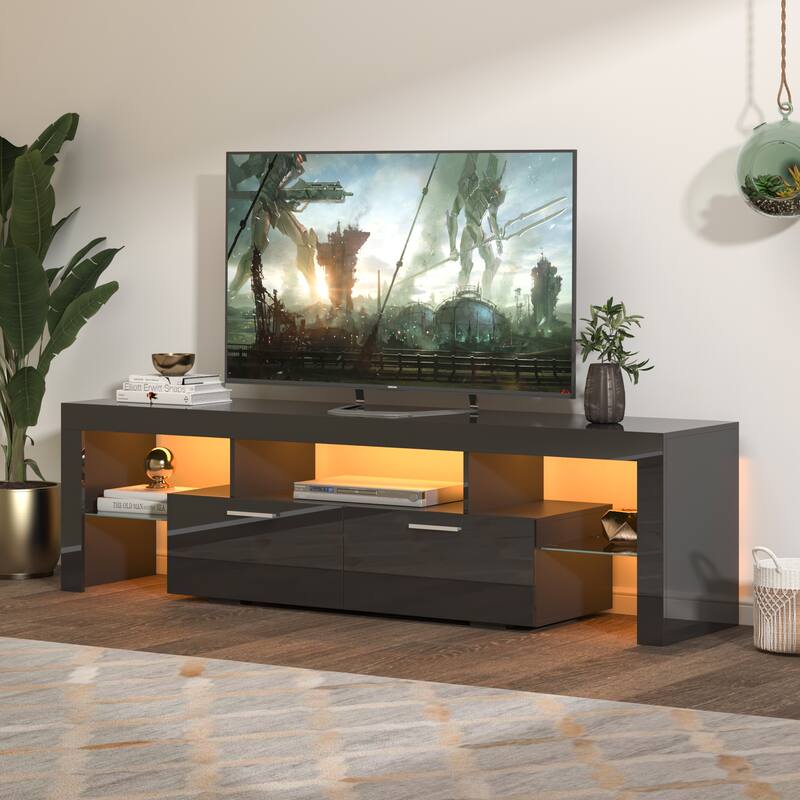 TV Stand Entertainment Center Console with LED Light and Glass Shelf, Metal Handle