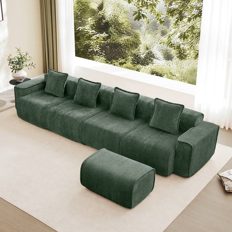 GDFStudio - Velvet Streamlined Modular 4-Seater 138.58" L-Shaped Sectional Sofa with Ottoman - Green