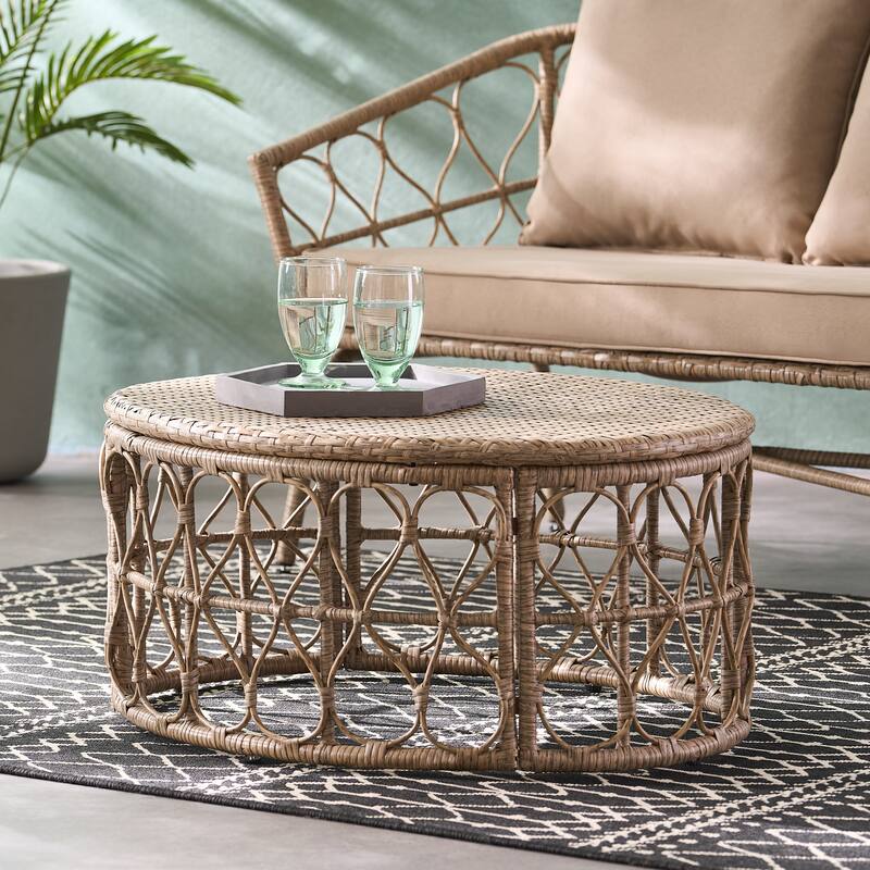 Boho Wicker Weave Coffee Table, 32.5" W - Polyethylene Rattan, Outdoor/Indoor Use