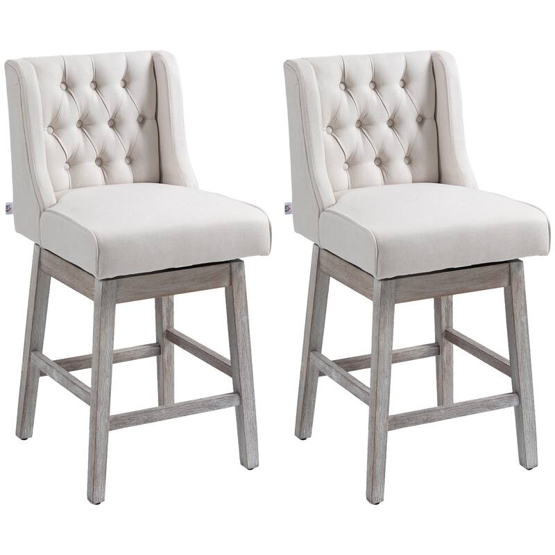 180 Degree Swivel Barstools Counter Height Bar Stools with Solid Wood Footrests and Button Tufted Back